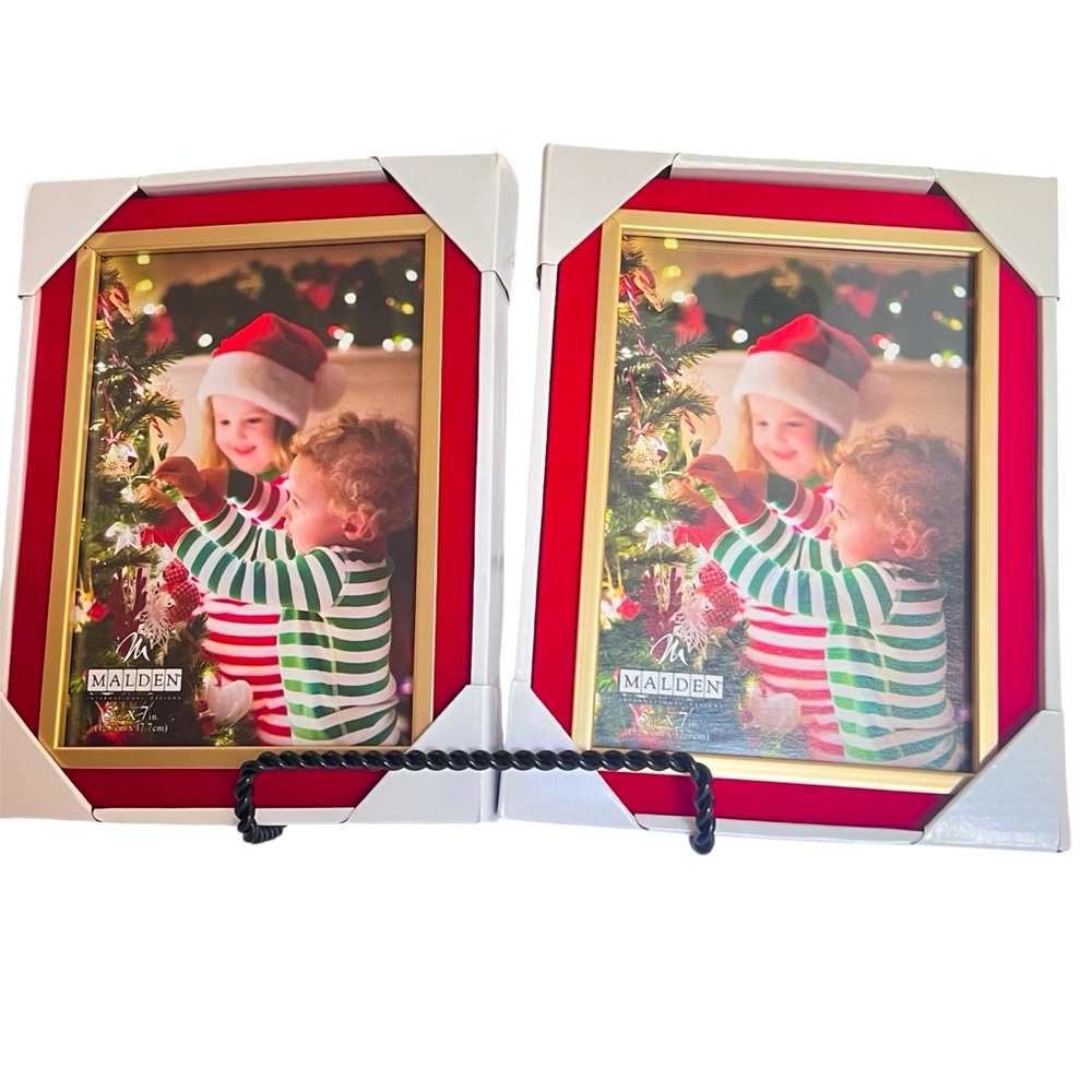 Two 5” x 7” Vivid Red Christmas Frames Trimmed with Brushed Gold by Malden.  NWT